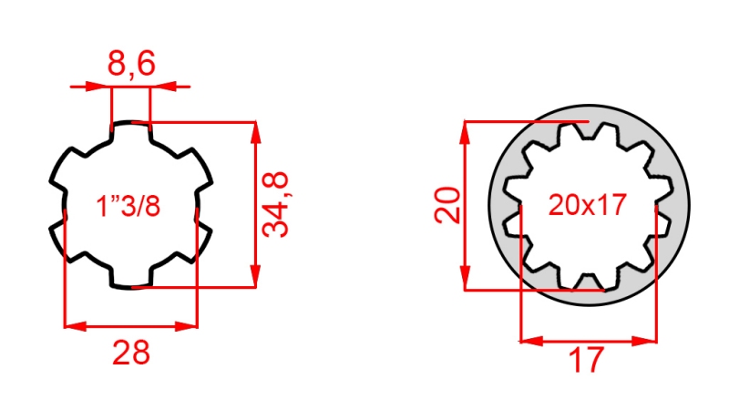 KARDANOVÝ ADAPTÉR Z 20x17 (12 DRÁŽEK) NA 1-3/8 (120 mm)