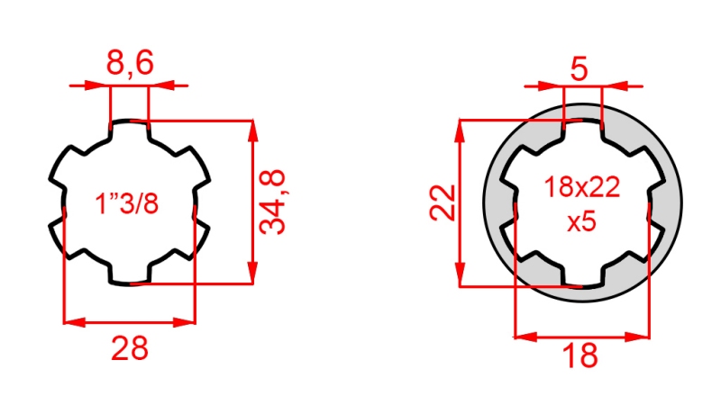 KARDANSKI NASTAVEK iz 18x22x5 (6 zob) na 1-3/8 (120 mm)