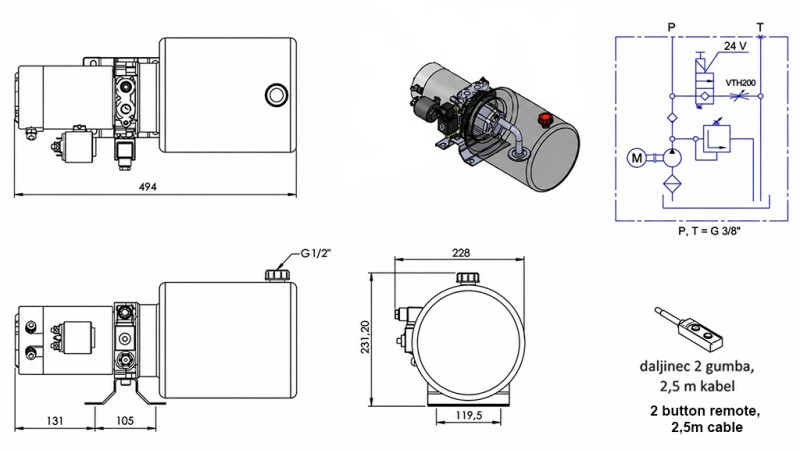 MINI HYDRAULICKÁ JEDNOTKA 24V DC - 2.2kW = 2.1cc - 8 lit - jednofázová montáž (kovová)