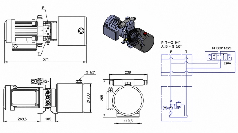 MINI HYDRAULISK POWER-PACK 230V AC (1.5 kW) - 5.8 cc - 8.2 lit/min - tank 6 lit