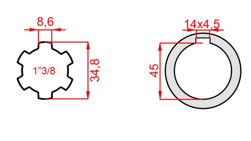 ADAPTATEUR CARDAN 1-3/8 - TROU fi 45 mm (180 mm)