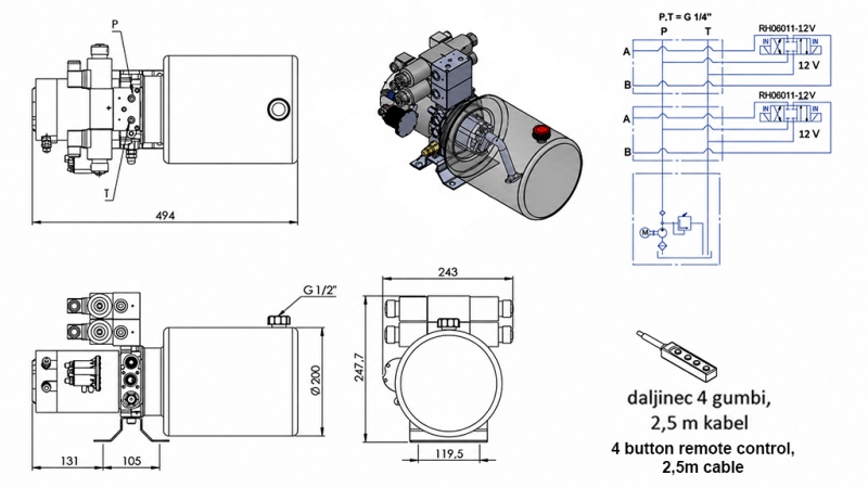 MINI HYDRAULICKÁ JEDNOTKA 12V DC - 1.6kW = 2.1cc - 8 lit - 2x obousměrná jednotka (kov)