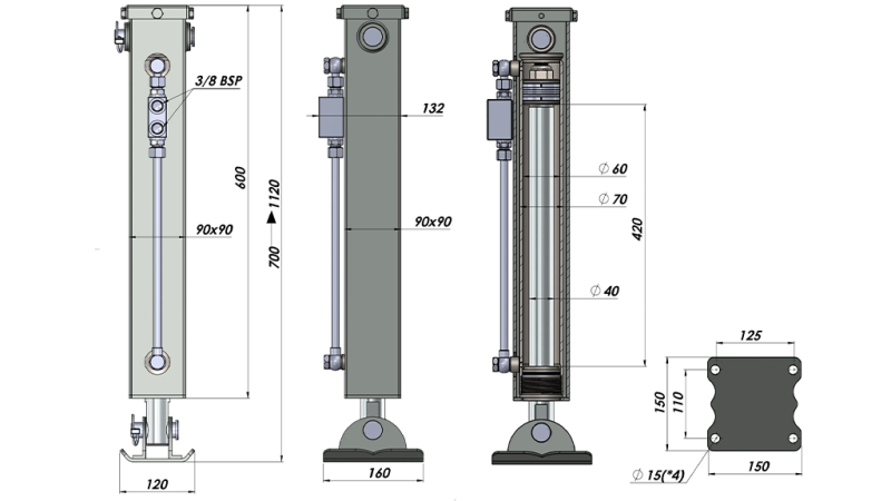 DVOJČINNÁ HYDRAULICKÁ OPĚRNÁ NOHA (90x90x700 mm) - ZDVIH 420 mm - 2.500 kg