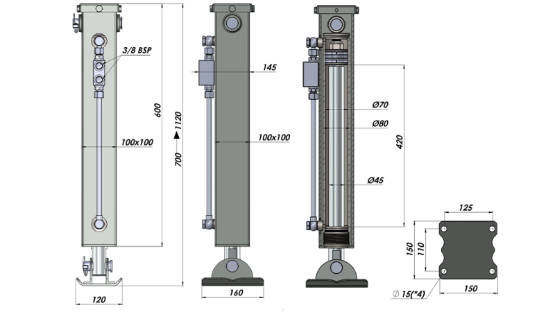 DVOJČINNÁ HYDRAULICKÁ OPĚRNÁ NOHA (100x100x700 mm) - ZDVIH 420 mm - 5.000 kg