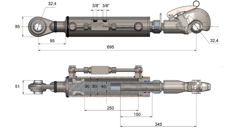 HYDRAULICKÝ TŘETÍ BOD SE ZÁVITEM – AUTOMATICKÝ - CAT. 3 - 80/40-250 (+95 HP) (32,2 mm)