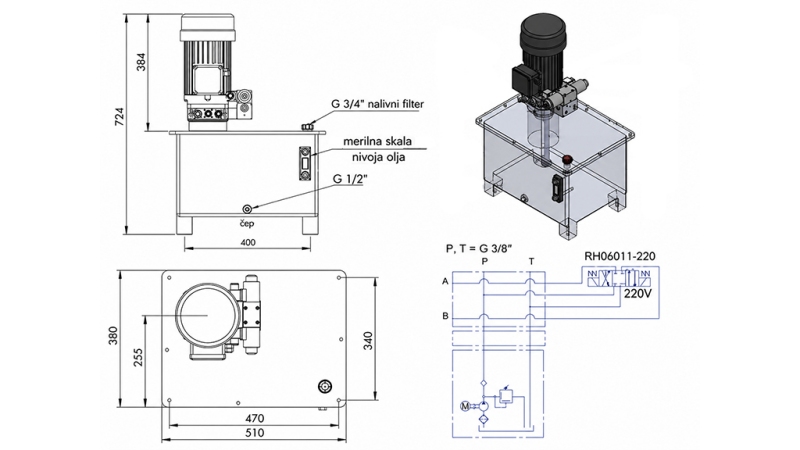 MINI HYDRAULICKÁ JEDNOTKA 380V AC (4 kW) - 8 cc - 12 lit/min - nádrž 40 lit