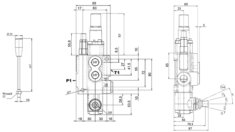 RUČNÍ HYDRAULICKÝ VENTIL MONOBLOK 1xZ50 + PLOVOUCÍ FUNKCE