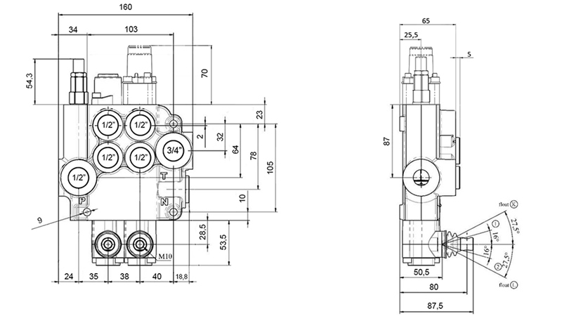 RUČNÍ HYDRAULICKÝ VENTIL MONOBLOK 2xZ80 + PLOVOUCÍ FUNKCE