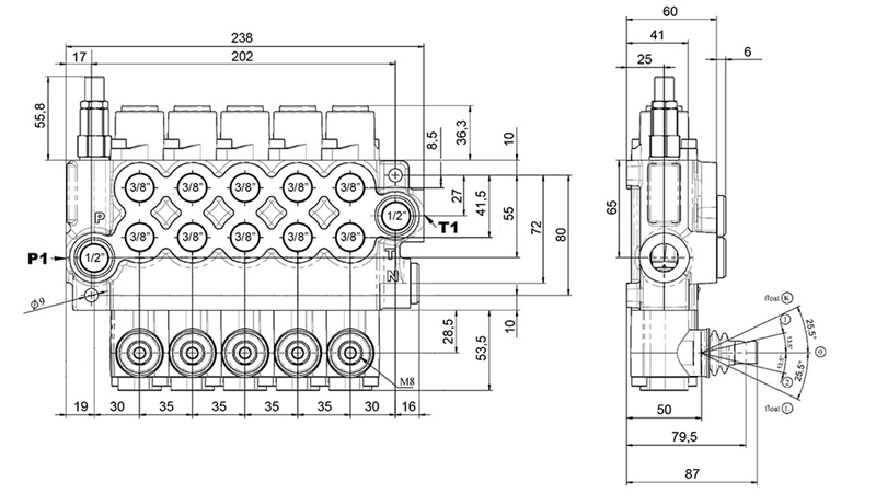 RUČNÍ HYDRAULICKÝ VENTIL MONOBLOK 5xZ50