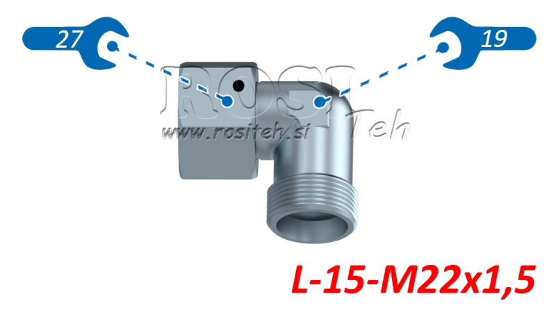 HIDRAVLIČNO KOLENO 90° L-15 Z VRTLJIVO MATICO M22x1,5