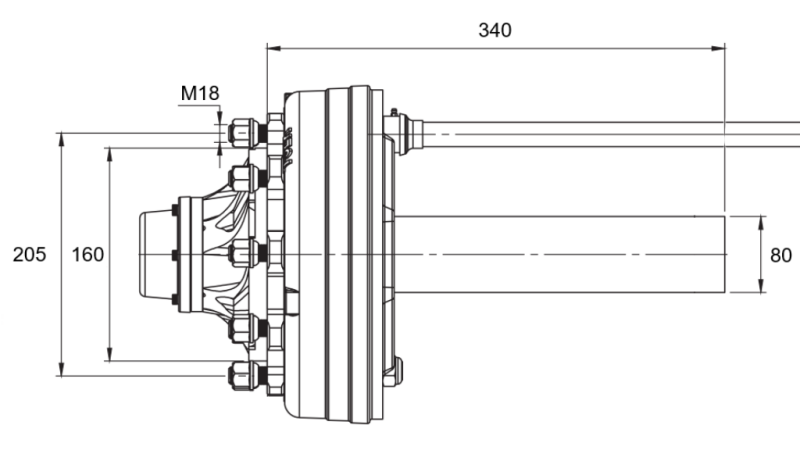 HALF AXLE WITH BRAKES - 4400 kg (6 SCREWS) - 340 mm