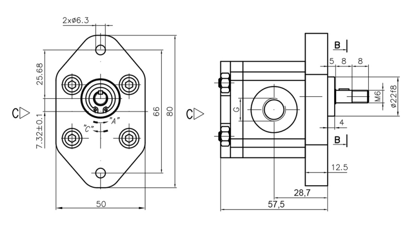 POMPE HYDRAULIQUE 00C0.5X032 GR.0 - 0,5cc - DROITE