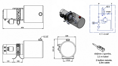 MINI HYDRAULICKÁ JEDNOTKA 12V DC - 1.6kW = 2.1cc - 8 litrů - jednofázová jednotka (kovová)