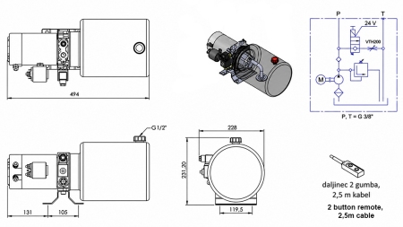 MINI HYDRAULICKÁ JEDNOTKA 24V DC - 2.2kW = 2.1cc - 8 lit - jednofázová montáž (kovová)