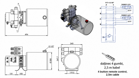 MINI HYDRAULICKÁ JEDNOTKA 12V DC - 1.6kW = 2.1cc - 8 lit - 2x obousměrná jednotka (kov)