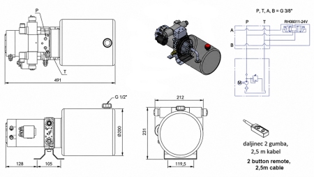 MINI HYDRAULICKÁ JEDNOTKA 24V DC - 2.2kW = 2.1cc - 8 lit - obousměrná jednotka (kov)