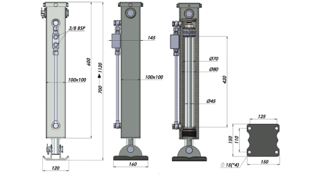 DVOJČINNÁ HYDRAULICKÁ OPĚRNÁ NOHA (100x100x700 mm) - ZDVIH 420 mm - 5.000 kg
