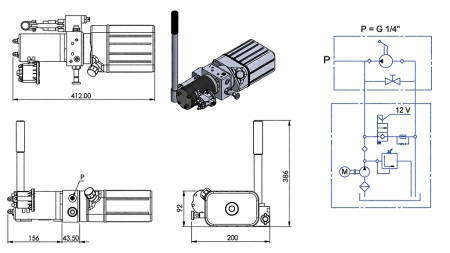 MINI HYDRAULICKÁ JEDNOTKA 12V DC - 0.8KW = 0.5CC - 1.5 LITRŮ - JEDNOČINNÁ MONTÁŽ (PVC) S RUČNÍ PUMPOU