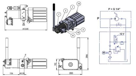 MINI HYDRAULICKÝ AGREGÁT 12V DC - 0.8kW = 0.5cc - 1.5 lit - jednofázová jednotka (PVC) s ruční pumpou