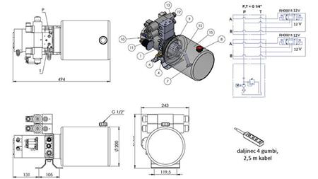 MINI HIDRAVLIČNI AGREGAT 12V DC - 1,6kW = 2,1cc - 8 lit - 2x dvosmerni sklop (kovinski)