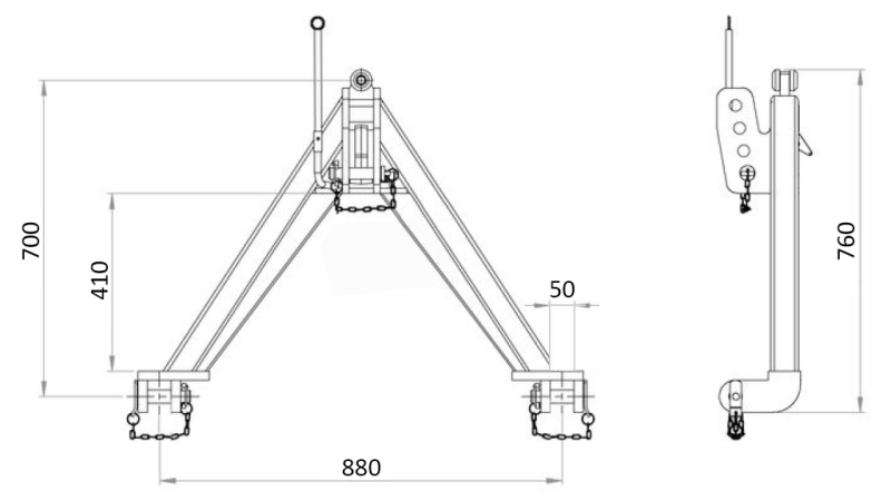 PŘEDNÍ TROJÚHELNÍK PRO PŘEDNÍ HYDRAULIKU TRAKTORU CAT. 2 - 760 MM - 1400 KG