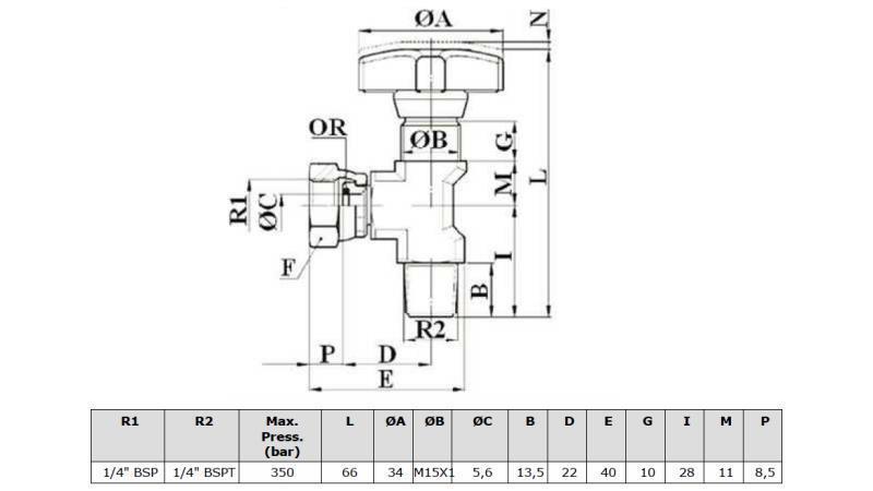 HYDRAULIC VALVE FOR MANOMETER 90° - dimensions