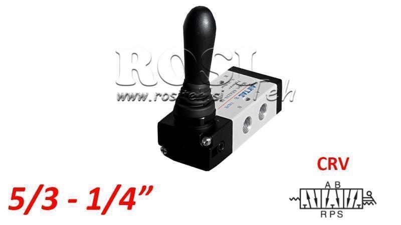 PNEUMATICKÝ RUKOJMOVÝ VENTIL 5/3 1/4 PRT-0853-CRV NÁVRAT S PRUŽINOU