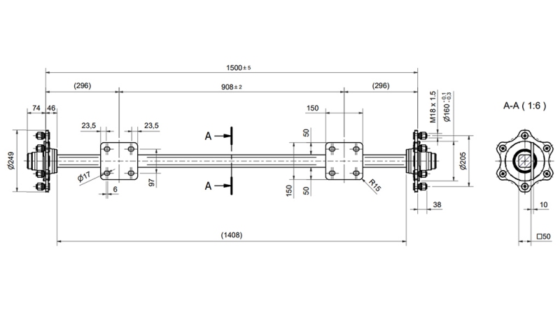 NÁPRAVA PRO PŘÍVĚS 3300 KG BEZ BRZDY (1500 MM) S MONTÁŽNÍ DESKOU