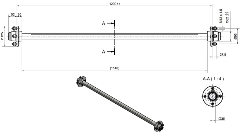 NÁPRAVA PRO PŘÍVĚS 950 KG BEZ BRZDY (1200 MM)