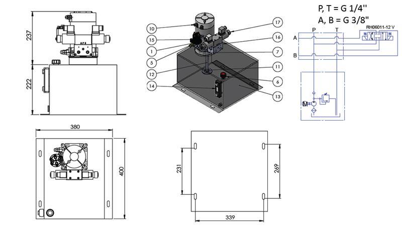 MINI HYDRAULIC AGGREGATE 12V DC - 1.6kW = 2.1cc - 25 lit - double direction assembly (metal)