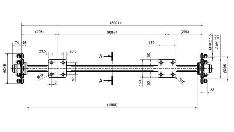 AXLE FOR TRAILER 1800 kg WITHOUT BRAKES (1460 mm) with mounting plate