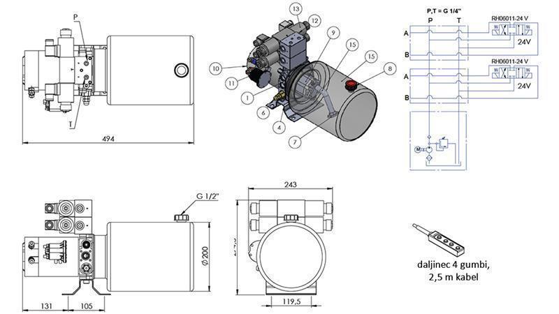 MINI HYDRAULICKÝ AGREGÁT 24V DC - 2.2kW = 2.1cc - 8 lit - 2x obousměrná montáž (kov)