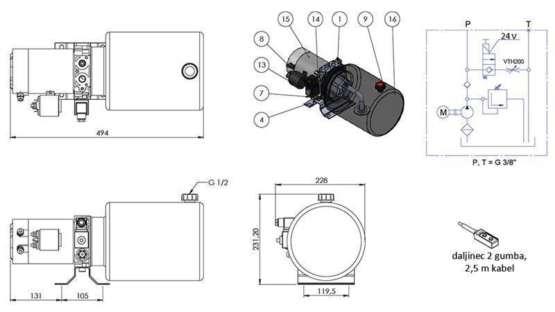 MINI HYDRAULICKÝ AGREGÁT 24V DC - 2.2kW = 2.1cc - 8 lit - jednosměrná montáž (kov)