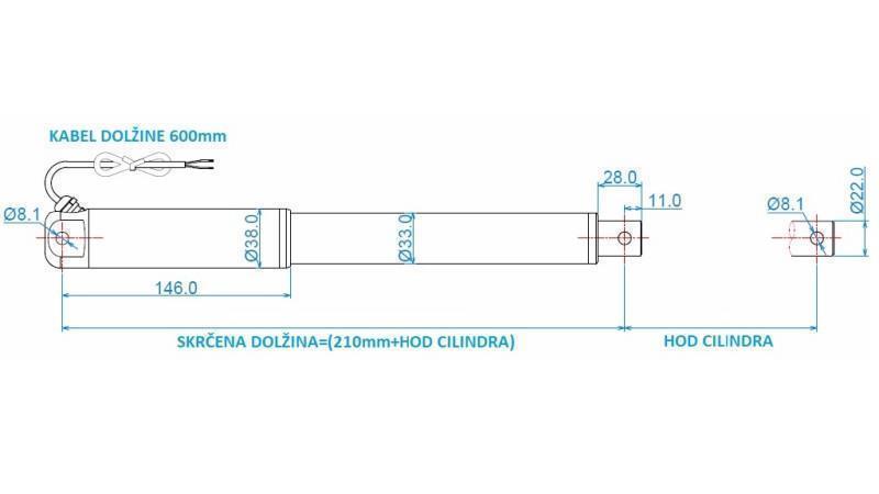 ELEKTRICKÝ CYLINDR 12V 100kg-9mm/sec ZDVIH 300mm - rozměry