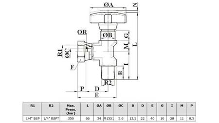 HYDRAULIC VALVE FOR MANOMETER 90° - dimensions