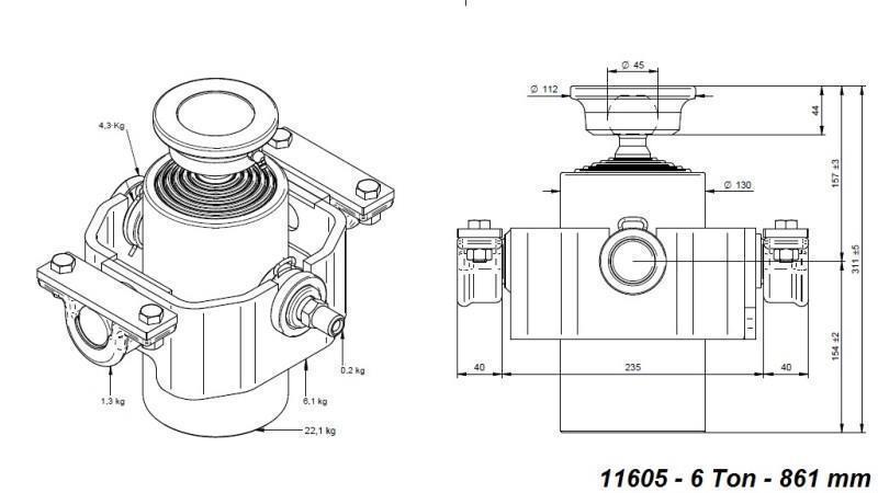 TELESCOPIC CYLINDER COMPACT 6 DEGREES 861mm x125 -BALL